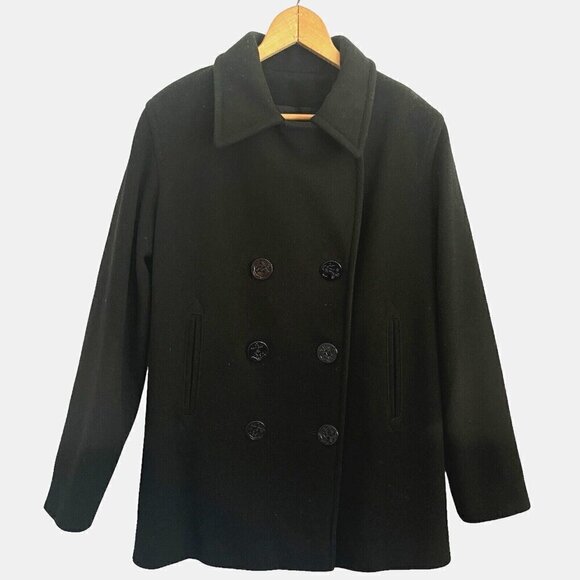 Vintage J Percy Womens Merino Wool Pea Coat Classic Black Size 8 Nautical Anchor - Picture 2 of 11